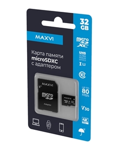 Карта памяти 32Gb microSDXC Class 10 UHS-I U3 V30 + адаптер (MSD32GBC10V30) Maxvi