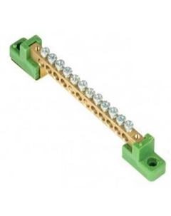 Шина sn0-63-12-2-pe "0" PE 6x9мм 12 отверстий латунь с контактной пластиной 2 зелёных угловых изолятора Ekf