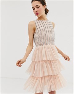 Ярусное короткое приталенное платье с отделкой на лифе AngelEye Кремовый Angeleye
