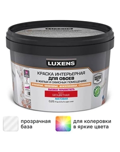 Краска для обоев моющаяся матовая прозрачная база С 250 мл Luxens