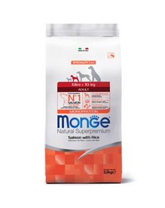 Mini Adult Сухой корм для взрослых собак мелких пород, с лососем и рисом, 2,5 кг Monge