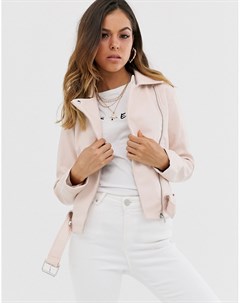 Светло розовая байкерская куртка из искусственной кожи New look