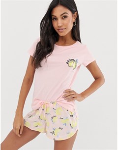 Розовый пижамный топ с короткими рукавами и принтом лимонов Hunkemoller