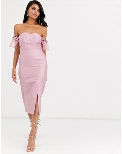 Розовое платье миди с открытыми плечами и рукавами из органзы True decadence