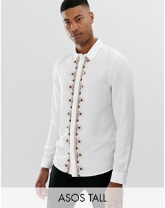 Белая атласная рубашка классического кроя с вышивкой Tall Asos edition