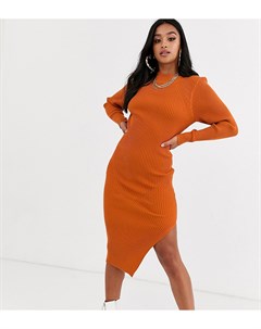 Оранжевое платье миди в рубчик с разрезом Missguided petite