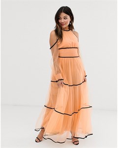 Платье макси абрикосового цвета с открытыми плечами и контрастной отделкой Premium True decadence