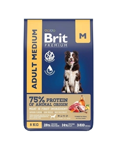 Premium Dog Adult Medium сухой корм для взрослых собак средних пород (10-25 кг), с индейкой и телятиной - 8 кг Brit*