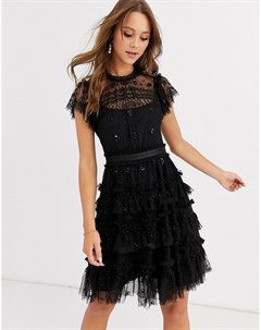 Черное ярусное платье мини с вышивкой Needle & thread
