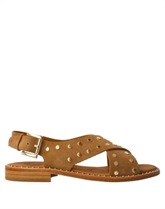 Босоножки без каблука с перекрестными ремешками и заклепками, коричневый Calce