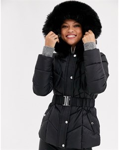 Черное дутое пальто с капюшоном и искусственным мехом Lipsy