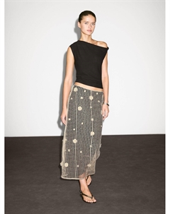 Юбка миди с цветочной вышивкой, кремовый Massimo dutti