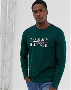 Зеленый лонгслив с логотипом на груди Tommy hilfiger