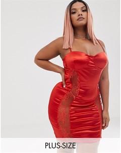 Атласное платье мини рыжего цвета с прозрачными кружевными вставками Katchme Plus Katch me plus