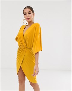 Платье футляр горчичного цвета с золотистыми пуговицами и глубоким вырезом Koco & k