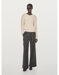 100% шерстяной трикотажный свитер с V-образным вырезом, кремовый Massimo dutti