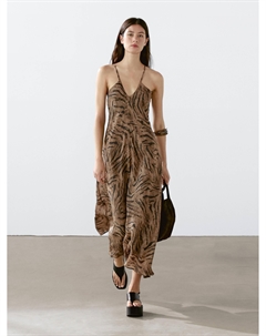 Длинное платье из смеси рами с анималистичным принтом, шоколадный Massimo dutti