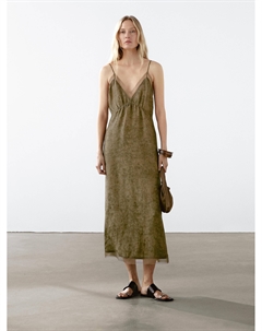 Платье-Комбинация миди с прозрачными деталями, зеленый Massimo dutti