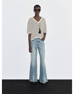 Полосатый свитер с V-образным вырезом, темно-синий Massimo dutti