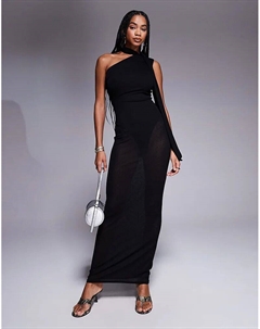 Эксклюзивное прозрачное платье макси на одно плечо с сетчатым шарфом в черном цвете Kaiia