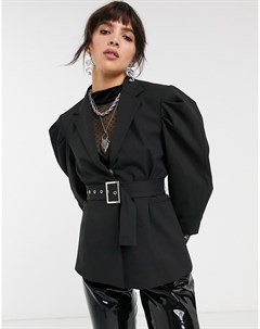 Черный пиджак с подплечниками и поясом Bershka