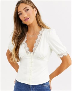 Сатиновая блузка на пуговицах с кружевом и мелкой бахромой Fashion union