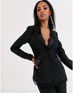 Черный пиджак с атласной отделкой и кружевными вставками 4th + reckless