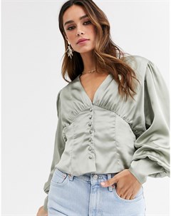 Приталенная атласная блузка с длинными рукавами Unique21