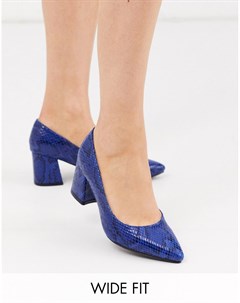 Синие туфли лодочки на блочном каблуке с отделкой под змеиную кожу для широкой стопы Simply Be Simply be extra wide fit