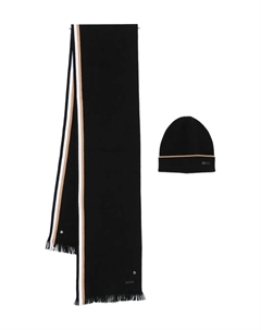 Набор из полосатого шарфа с бахромой и шапки, черный Boss