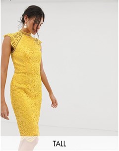 Желтое кружевное платье футляр с фигурным краем Chi chi london tall