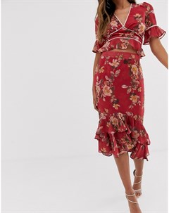 Красная юбка миди с оборками и контрастным цветочным принтом Hope & ivy