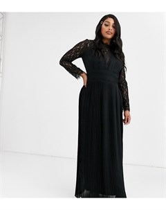 Черное плиссированное платье макси с кружевом и длинными рукавами Tfnc plus