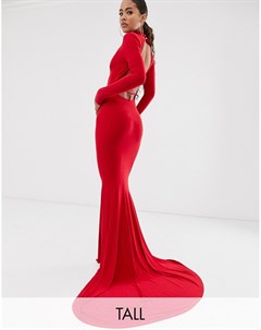 Красное платье макси с длинными рукавами и открытой спиной Club l london tall