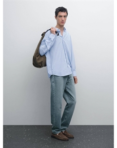 Рубашка прямого кроя с полосатыми деталями, Sky Blue Massimo dutti