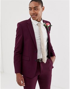 Свадебный приталенный эластичный пиджак малинового цвета Burton menswear