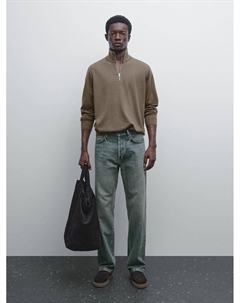 Вязаный свитер с застежкой-молнией на четверть, хаки Massimo dutti