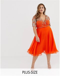 Оранжевое приталенное платье миди с запахом Virgos lounge plus