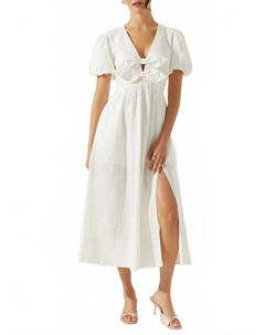 Белое цитриновое льняное миди-платье с бантом на лифе Astr