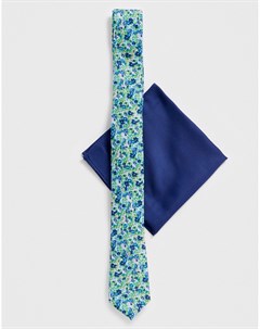 Узкий галстук с цветочным принтом и темно синий платок для нагрудного кармана wedding Asos design