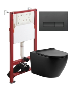 Комплект ATI03144+APB244 Унитаз подвесной безободковый, с микролифтом, матовый черный + Система инсталляции + Кнопка смыва матовая черная Agger
