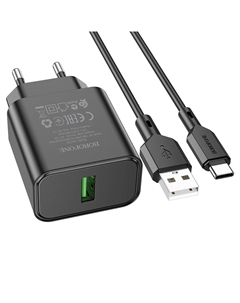 Сетевое зарядное устройство Borofone BA72A Spring 18 Вт, USB, EU, Quick Charge, черный (6974443388589), кабель USB Type A/USB Type C