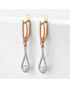 Золотые серьги подвесные с жемчугом и фианитами Efremof