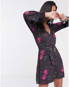 Чайное платье в винтажном стиле с цветочным принтом и ремнем Sacred hawk