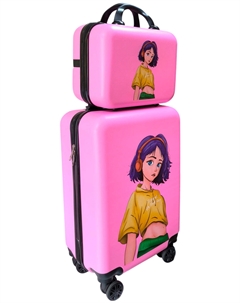 Дорожный комплект чемодан четырехколесный с принтом, размер S+ и сумка ручная кладь, Аниме, розовый Lats