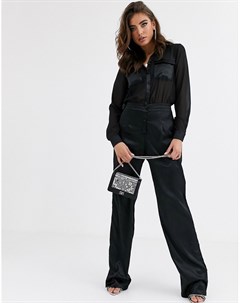 Черный шифоновый комбинезон рубашка с атласными брюками Missguided