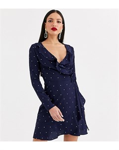 Эксклюзивное темно синее платье в горошек с запахом и длинными рукавами Missguided tall