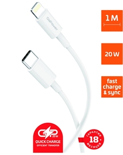 Кабель USB Type-C-Lightning 8-pin, быстрая зарядка, 3А, 20 Вт, 1 м, белый, GoPower GP10TL (00-00022804) Gopower