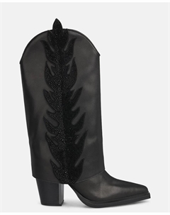 Женские ковбойские сапоги на каблуке с огненными деталями, украшенные стразами и с острым носком, черный Alma en pena.