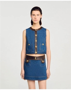 Женский топ из денима и кожи, синий Sandro